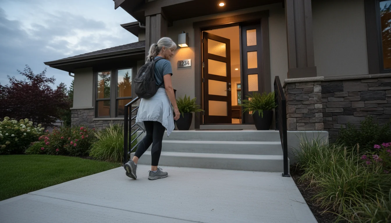 An older woman in her late 60s walks up a clear concrete path towards her front door, which has a sturdy handrail and bright motion-sensor light.