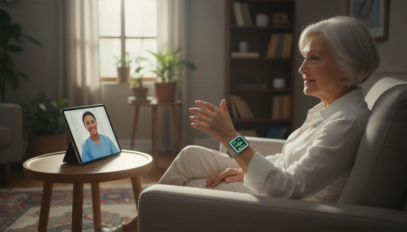 An older woman in her living room has a video call on a tablet, wearing a health smartwatch. A doctor's face is on screen.
