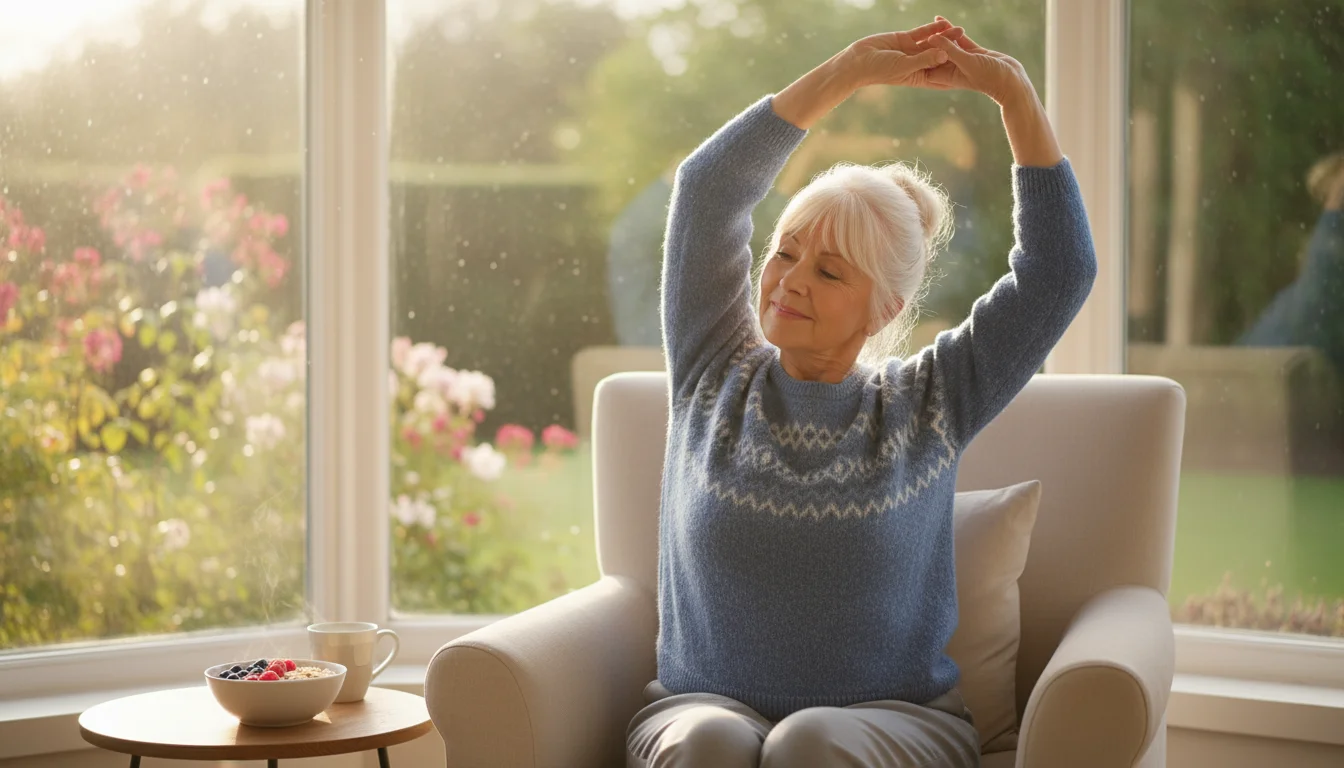 An older woman in her 70s, seated by a sunlit window, gently stretching her arms. A breakfast bowl is on a table nearby.