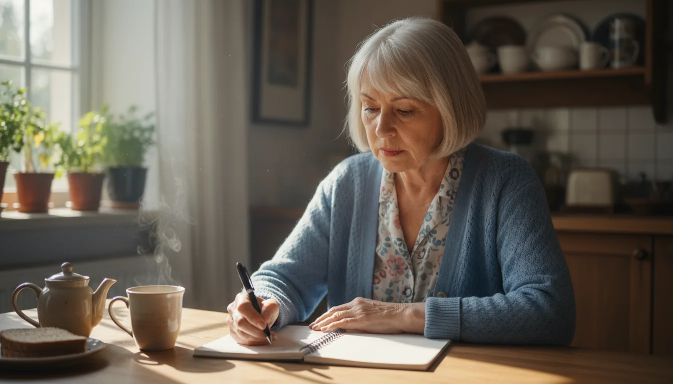 An older woman in her 70s sits at a kitchen table in morning light, looking thoughtfully at a notebook and pen.