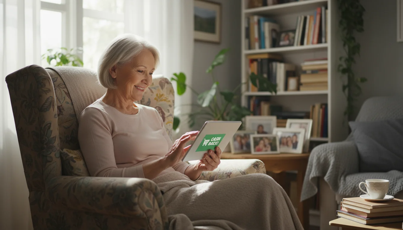 An older woman in her 70s smiles contentedly while looking at a tablet displaying a 'cash back' graphic in her living room.