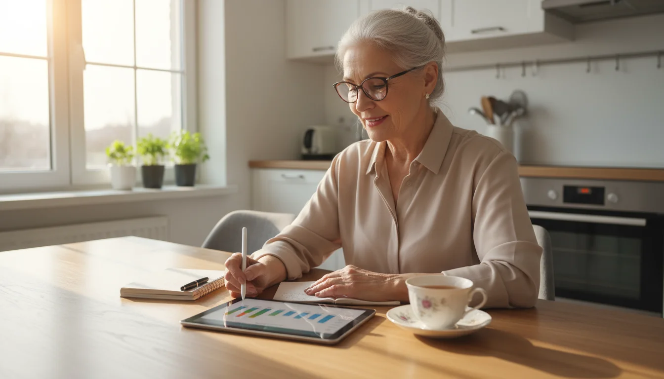 Older woman in her 70s, smiling thoughtfully, reviewing financial information on a tablet at a kitchen table with a notebook.