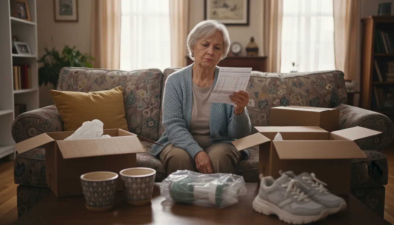 An older woman on her sofa, holding a credit card statement, surrounded by open delivery boxes and new, unneeded items.