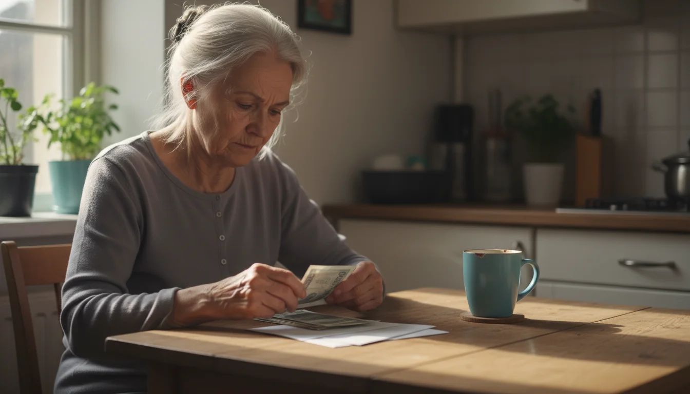 Older woman in her 70s carefully sorting bills and financial papers on a wooden kitchen table in soft window light.