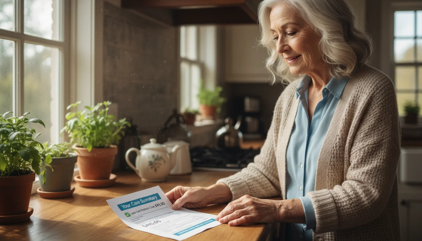 An older woman in her sunlit kitchen looking at a medical statement with a peaceful, relieved smile.