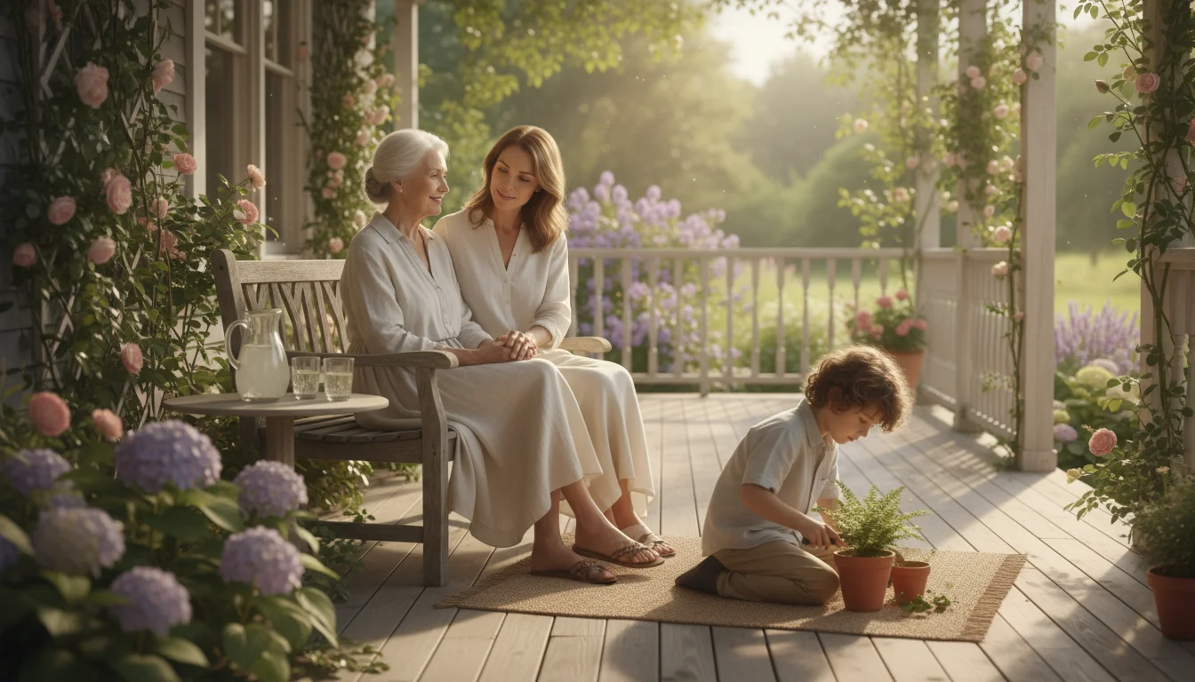 Older woman holding hands with her adult daughter on a sunny porch, with a grandchild tending a plant in the background.
