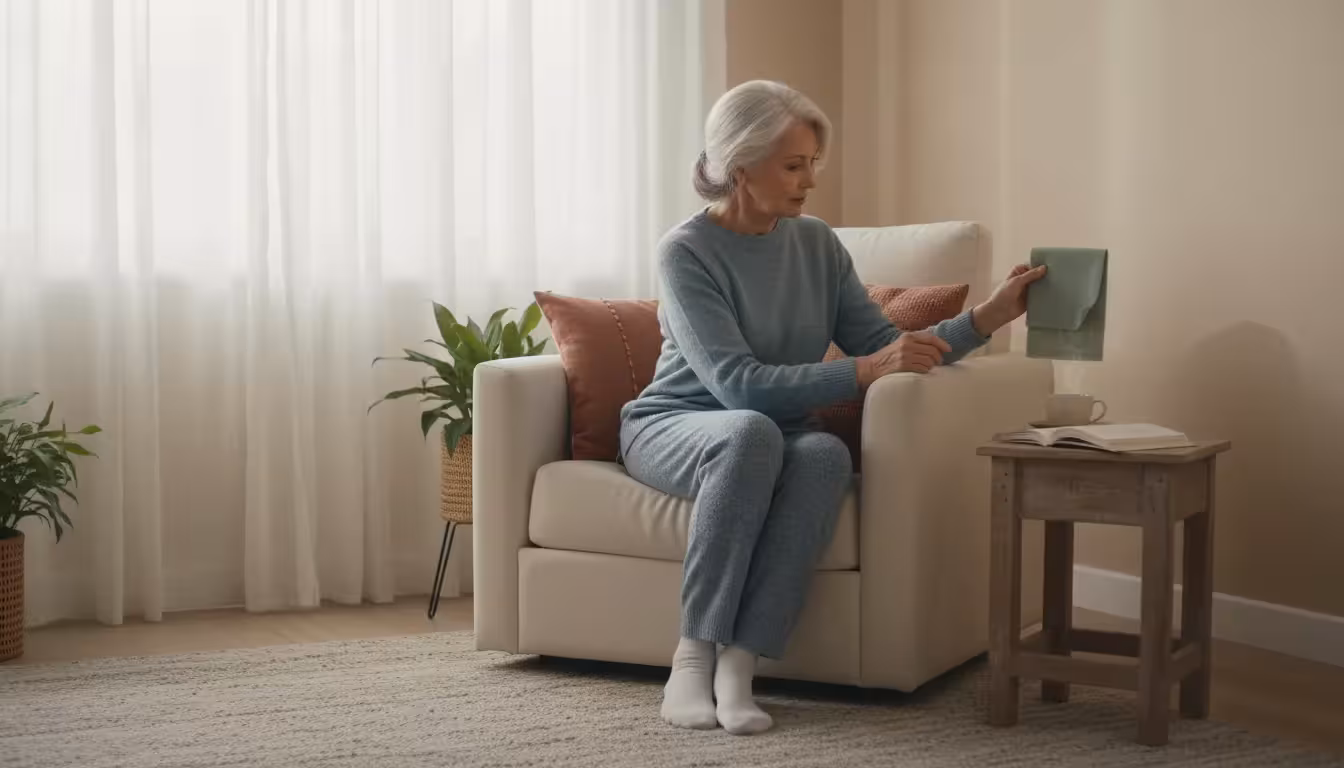 Older woman holding a sage green fabric swatch in a cozy, cream and beige living room with soft terracotta accents.