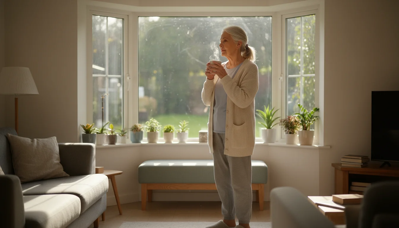 Older woman holding a warm mug by a sunlit window, looking calm and thoughtful.