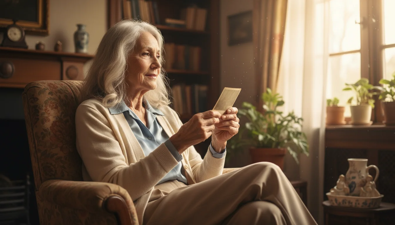An older woman holds a faded photograph while looking thoughtfully out a sunlit window, a journal and paintbrush nearby.