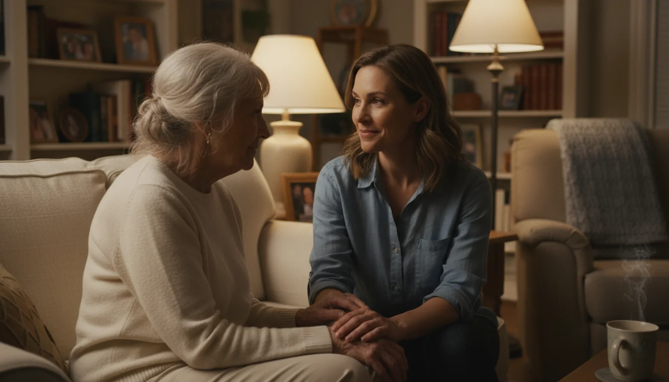 An older woman gently holds her adult daughter's arm, sharing a trusting glance in a home setting.