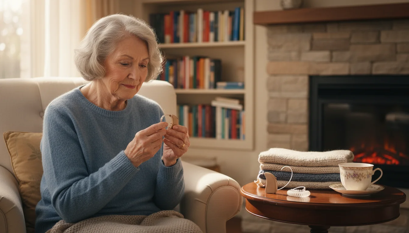 An older woman holds an In-the-Ear hearing aid while a Behind-the-Ear hearing aid rests on a table beside her.