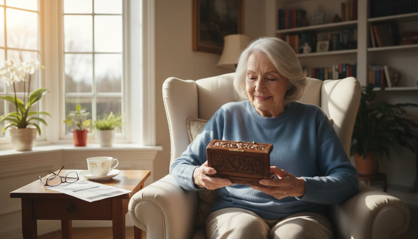 An older woman holds an ornate jewelry box with a content smile, a document resting on a table beside her.