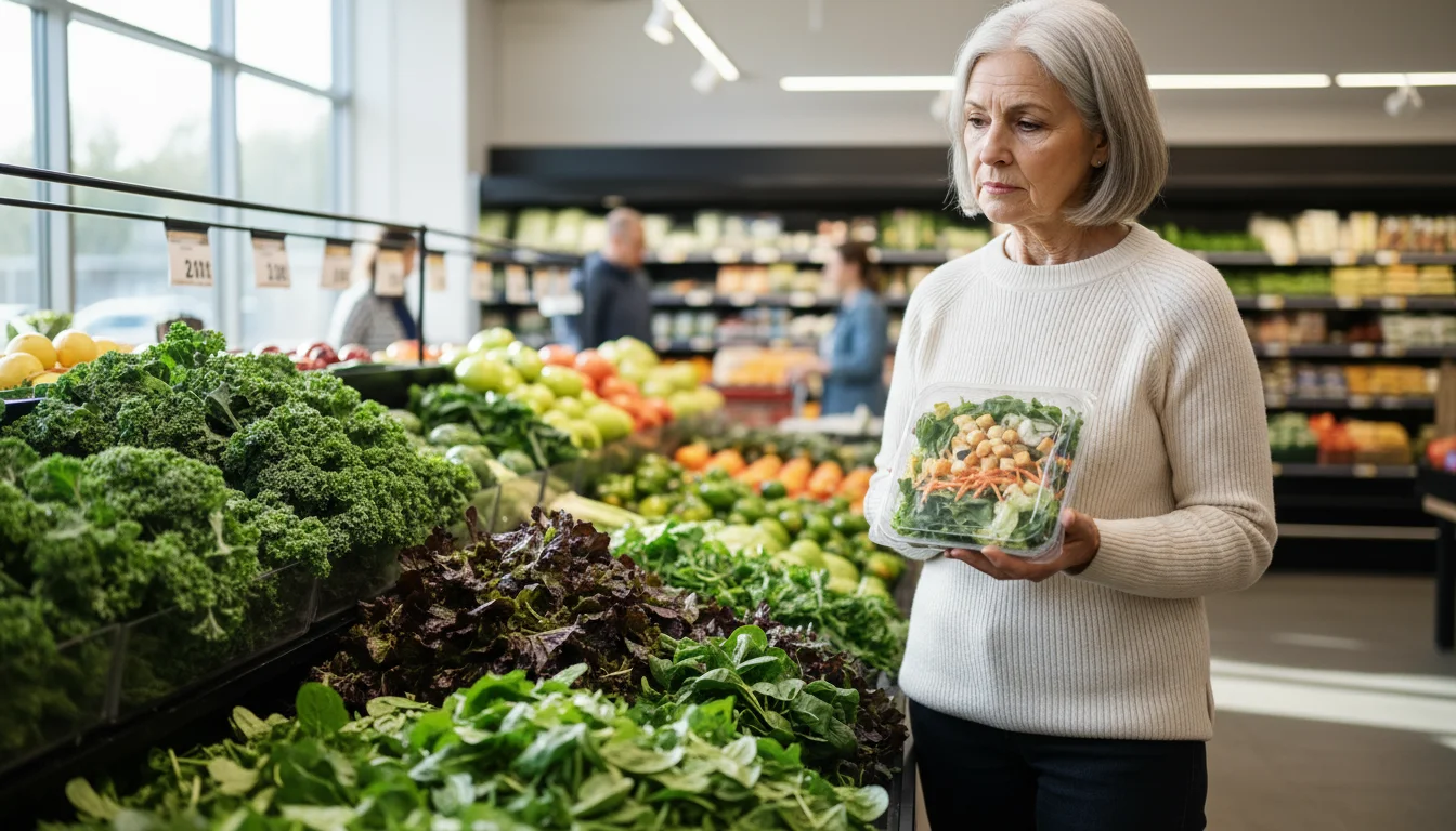 An older woman holds a packaged salad kit, looking thoughtfully towards fresh, loose greens in a grocery store.
