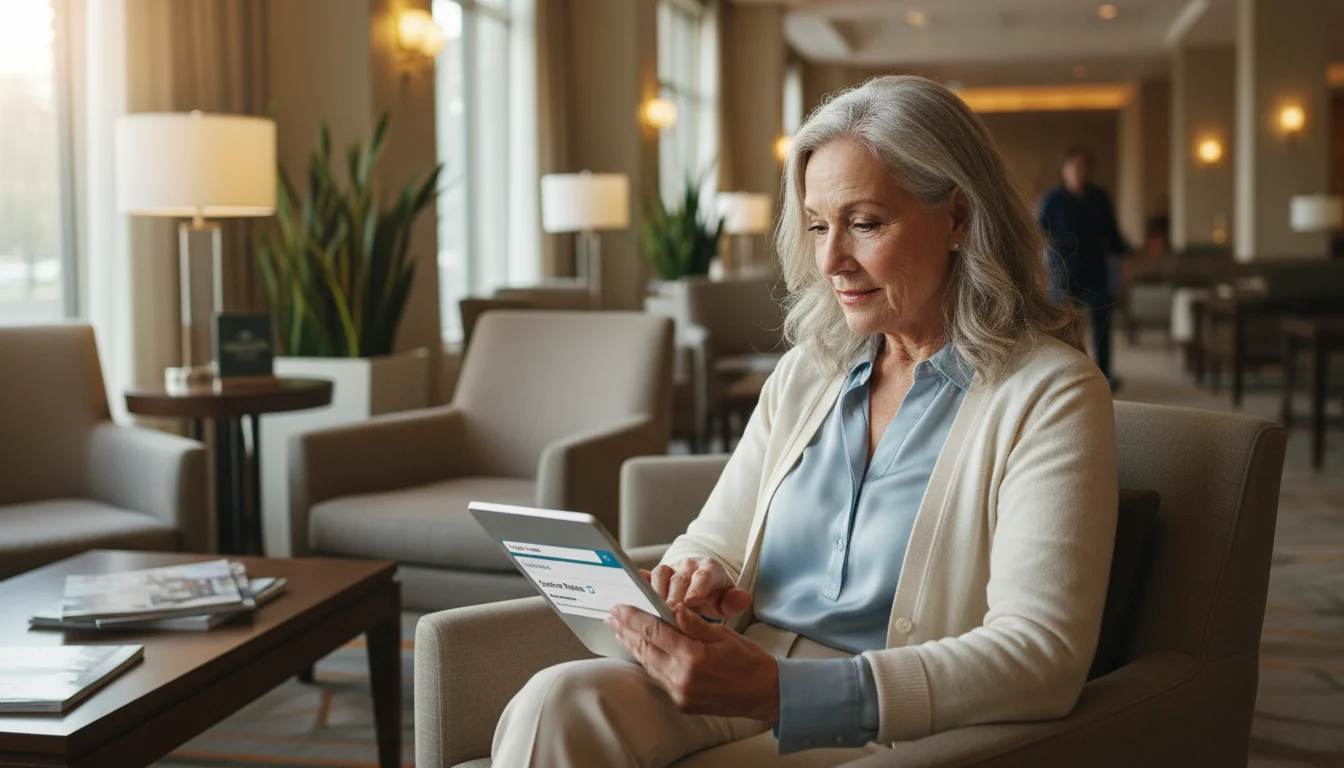 An older woman in a hotel lounge uses a tablet to research travel deals, with a booking website displaying senior rates.