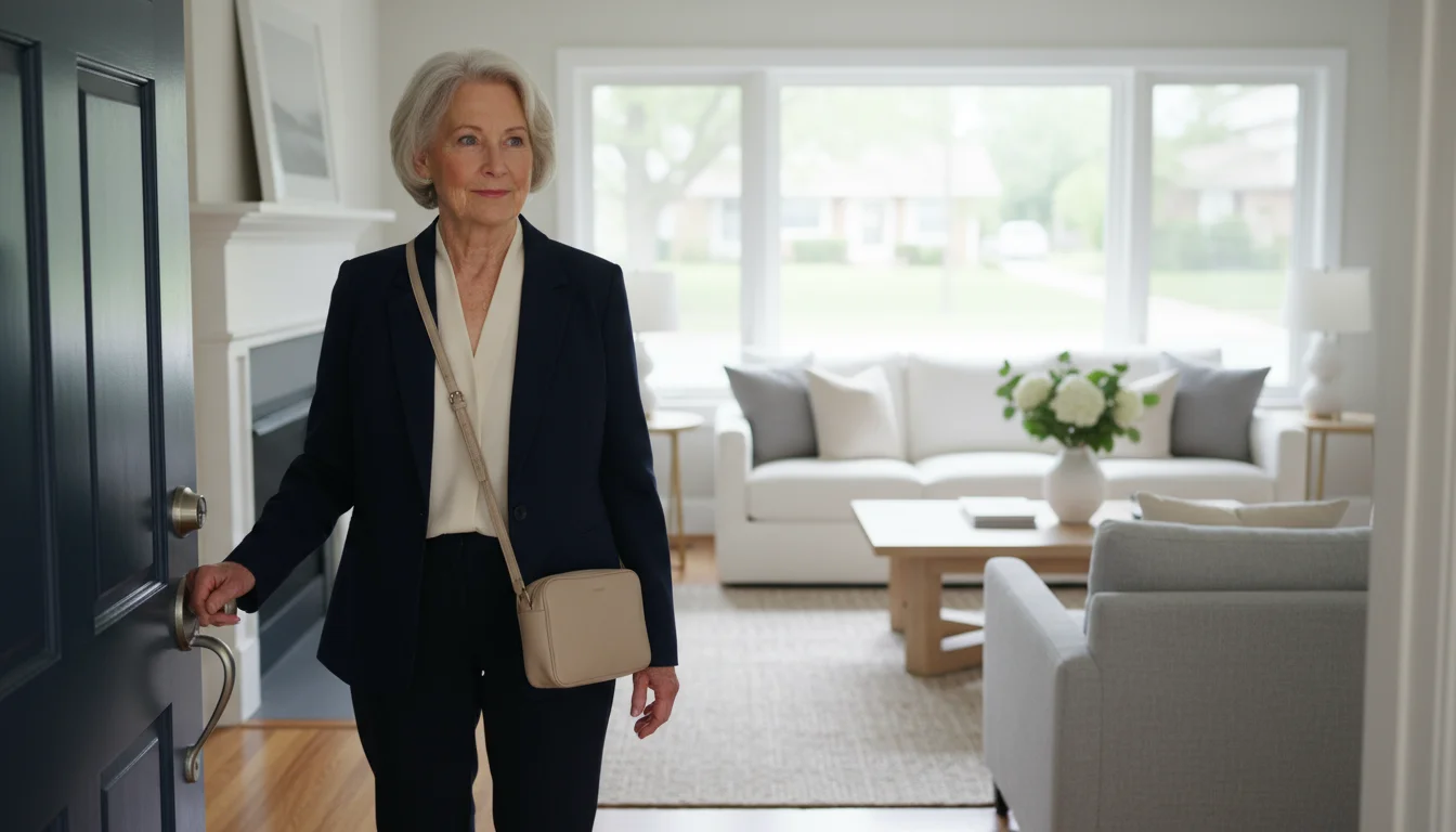 An older woman in a jacket with a crossbody bag glances back at her tidy living room, ready to leave for a home showing.
