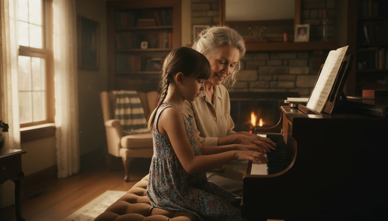 An older woman with kind eyes gently guides a young girl's hands on a piano keyboard in a sunlit living room.