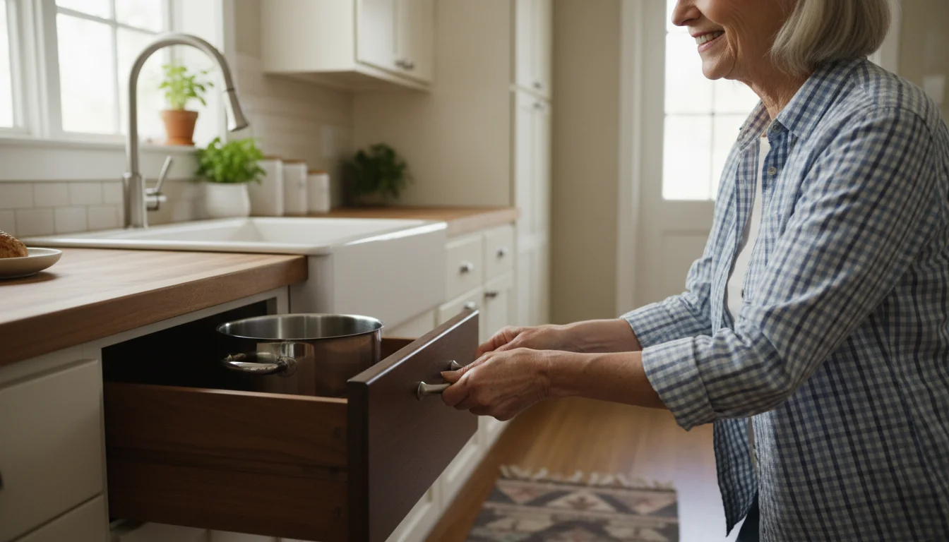 An older woman with kind eyes pulls a lightweight pot from a low kitchen drawer with a D-shaped handle.