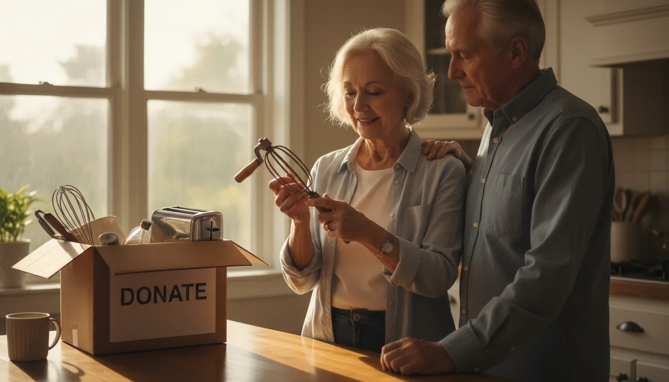 An older woman in a kitchen holds a vintage manual egg beater, smiling softly. Her husband stands beside her, hand on her arm, looking at the item. A