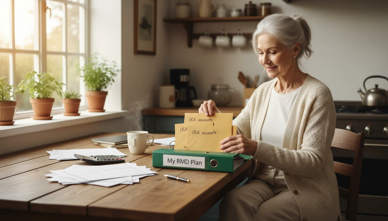 An older woman at a kitchen table consolidating three financial envelopes into one binder labeled 'My RMD Plan,' looking calm.