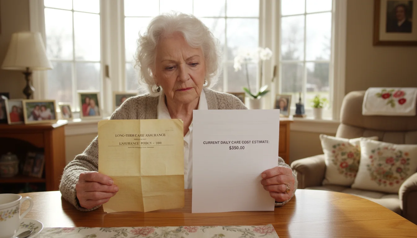 Older woman at kitchen table, holding an old insurance policy and looking at a modern care cost estimate.