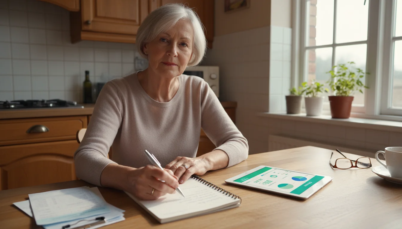 Older woman at a kitchen table, reviewing bank statements and a budgeting app on a tablet with a pen and notebook.