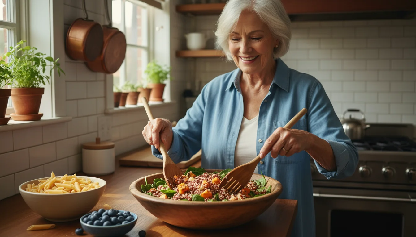Older woman in a kitchen, tossing a colorful salad with quinoa, sweet potato, and chickpeas. Whole-grain pasta and blueberries are on the counter.