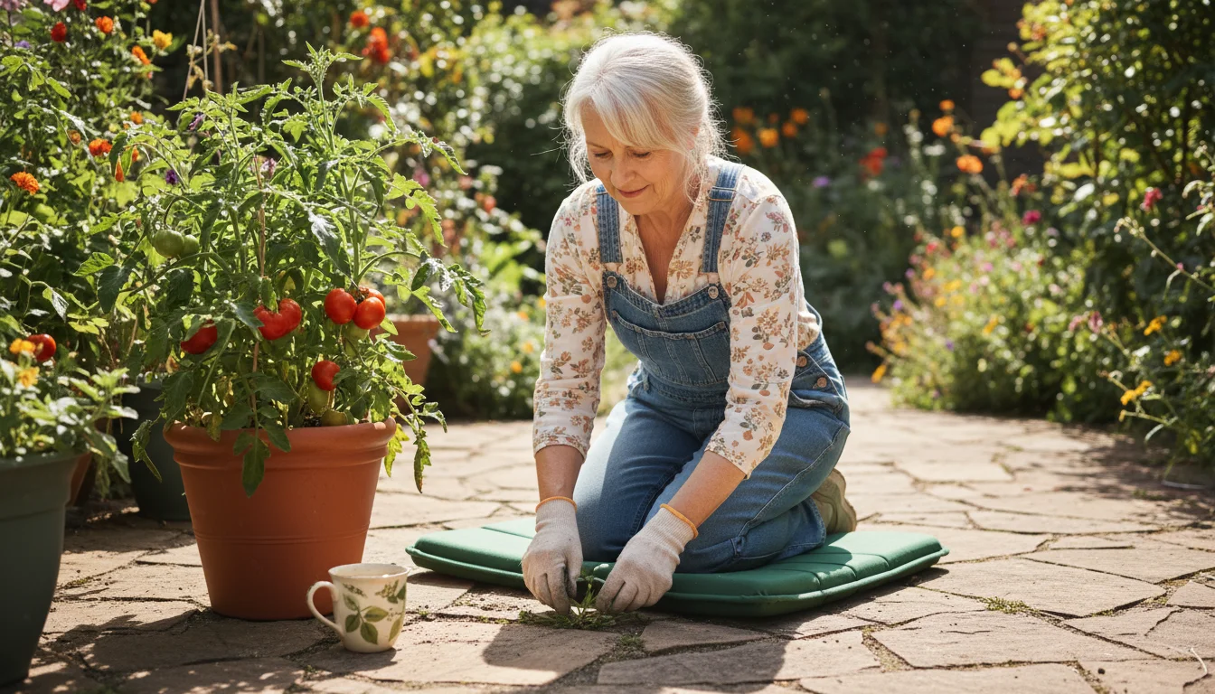Older woman kneeling on a patio, gently pulling a dandelion from between stones. A tomato plant and coffee mug are nearby.