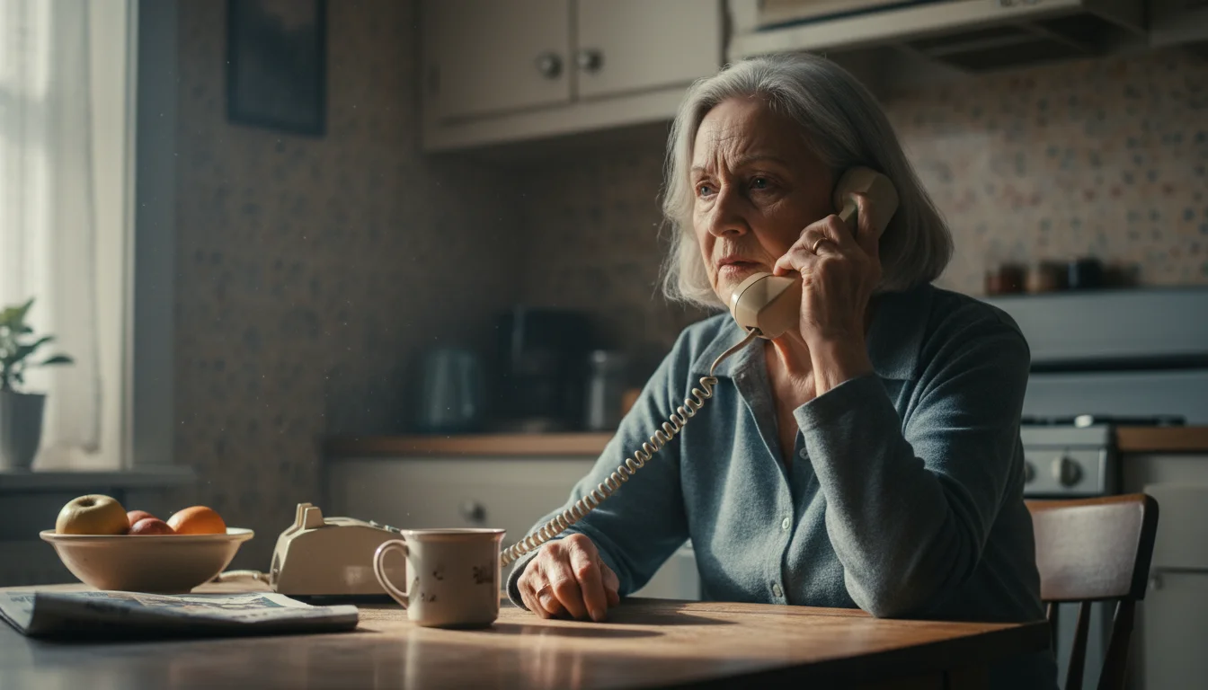 Older woman with a landline phone to her ear, showing a concerned and suspicious expression at her kitchen table.
