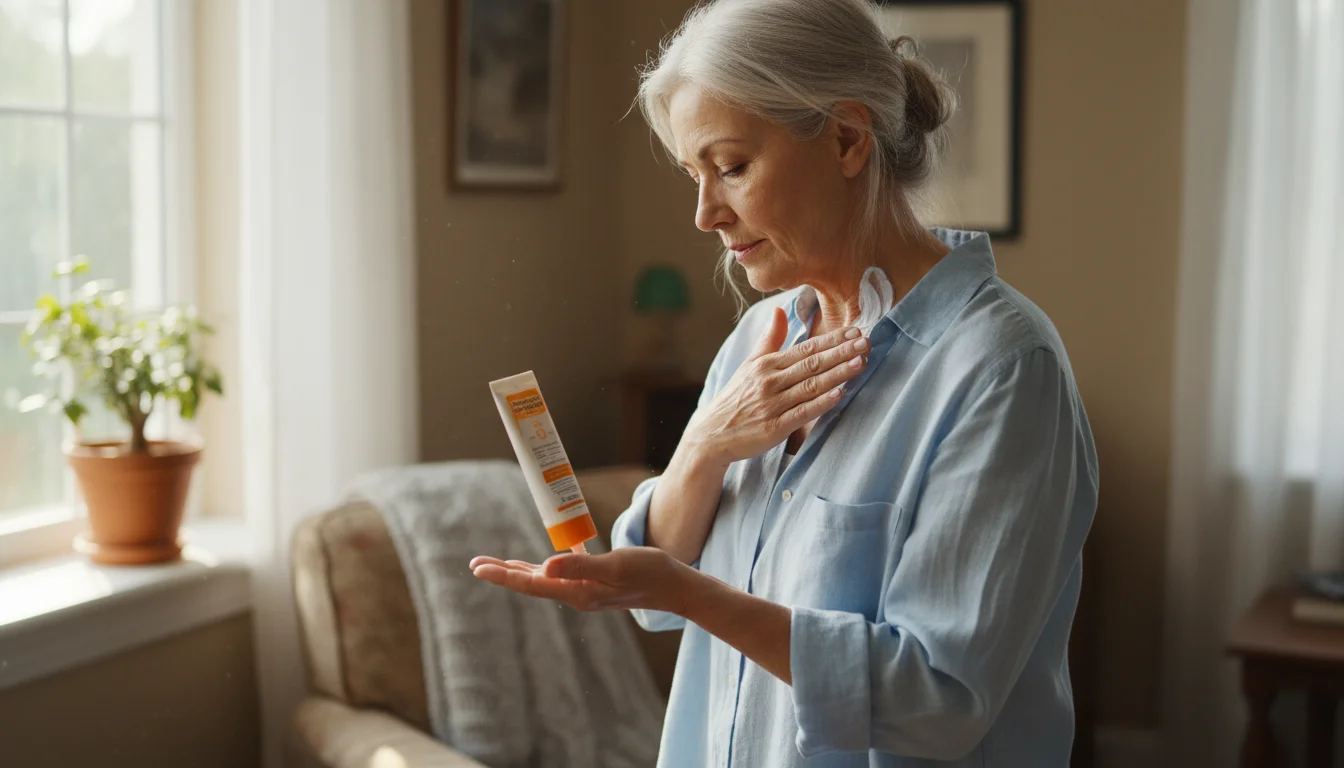 Older woman, late 60s, applying sunscreen to her neck and chest by a window in soft, natural light.