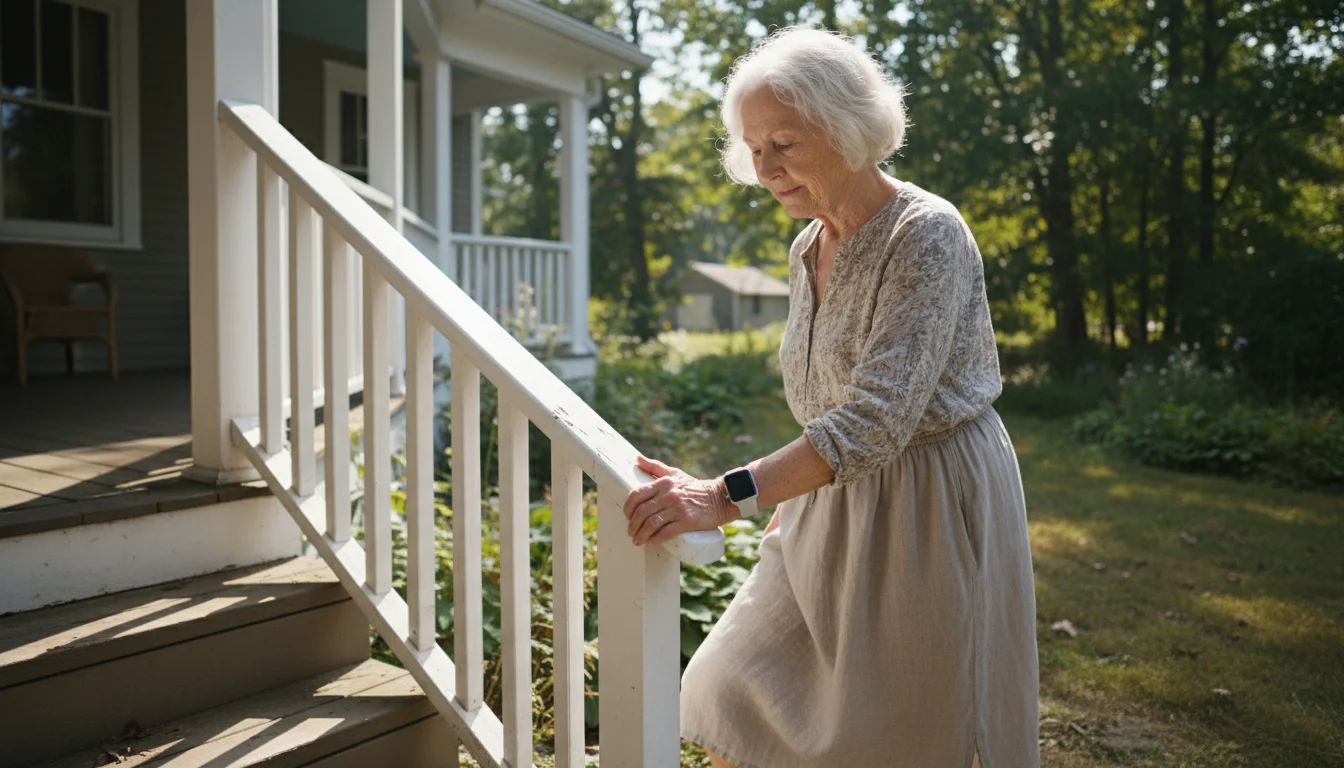 Older woman, late 70s, carefully descends an outdoor porch step, hand on railing. A wearable health device is on her wrist.