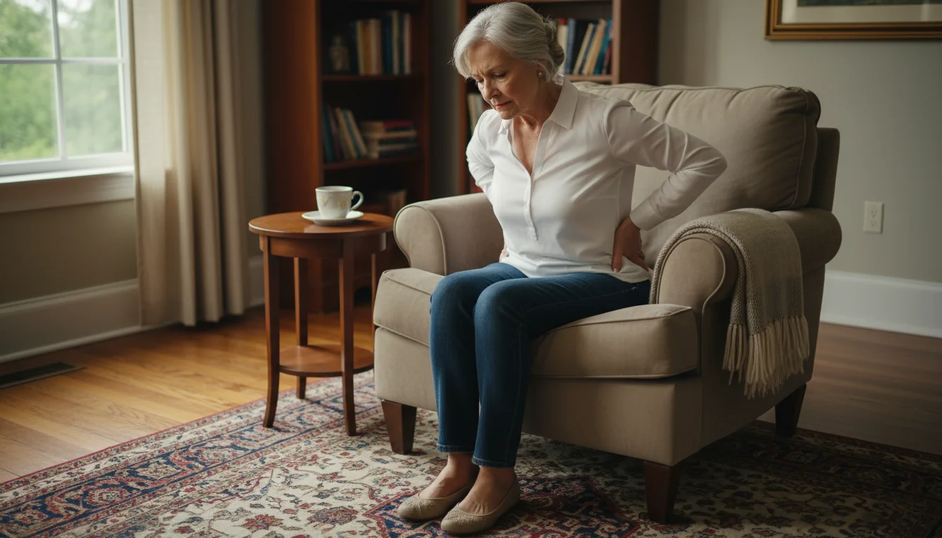 An older woman, late 60s/early 70s, adjusts her posture in a supportive armchair, hand on her lower back, feet flat on the floor.