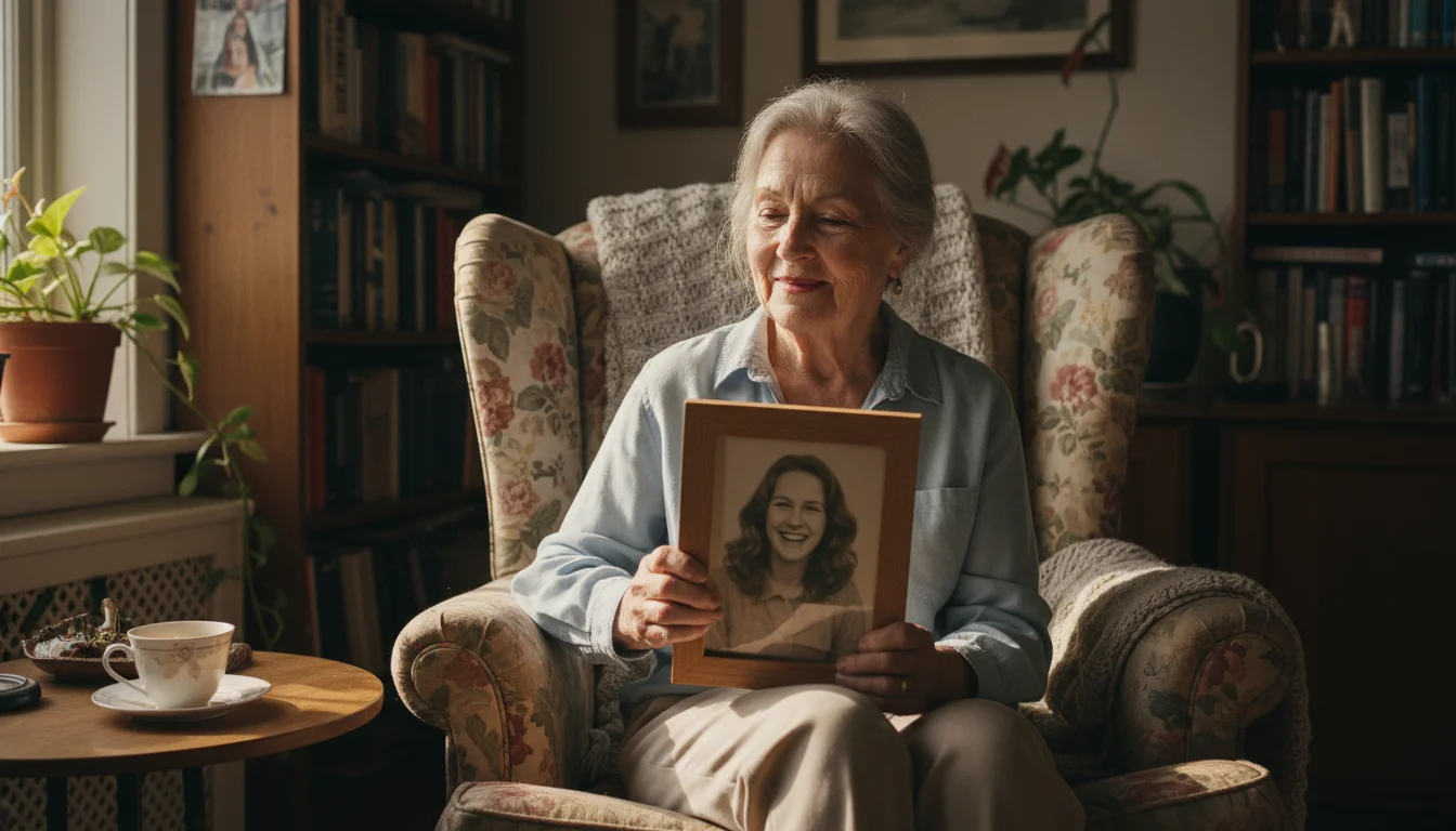 An older woman, late 60s-early 70s, sits in an armchair, thoughtfully holding a framed photograph of her younger self.