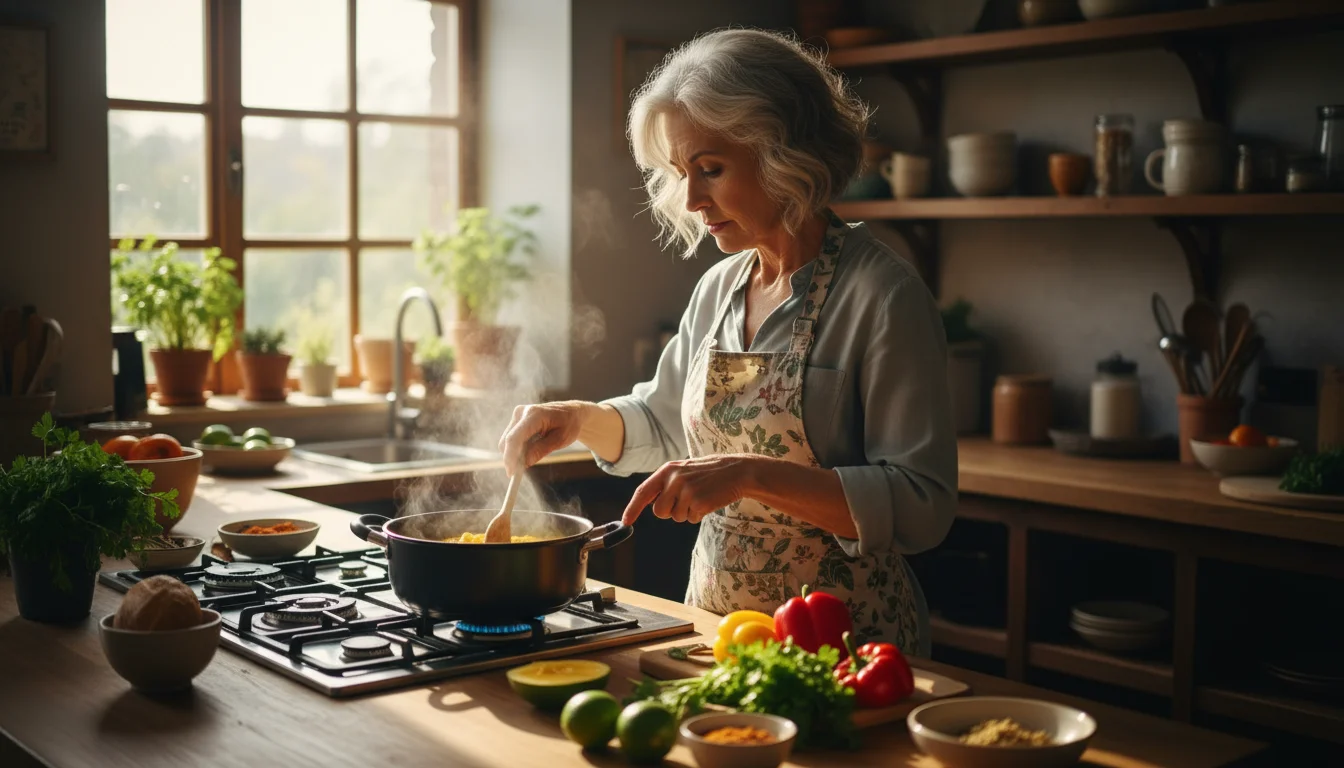 Older woman, late 60s, focused, stirs a yellow curry in a pot on a kitchen stove. Fresh ingredients are on the counter.