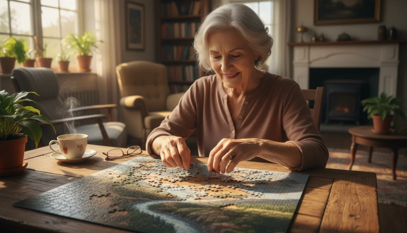 Older woman, late 70s, with glasses, focused on putting together a jigsaw puzzle on a table, her hands carefully placing a piece.