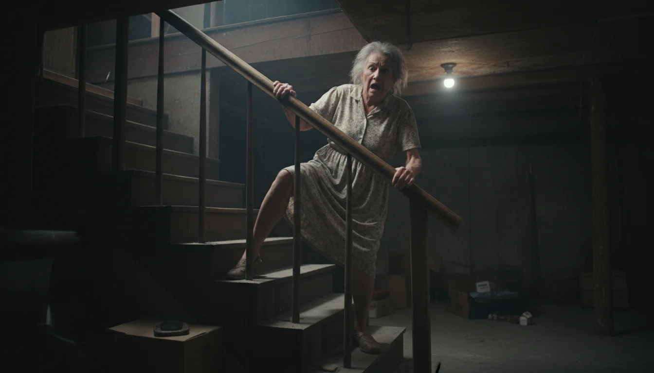 An older woman, late 70s, gripping a wooden handrail tightly on dark basement stairs, her leg trembling with fear.