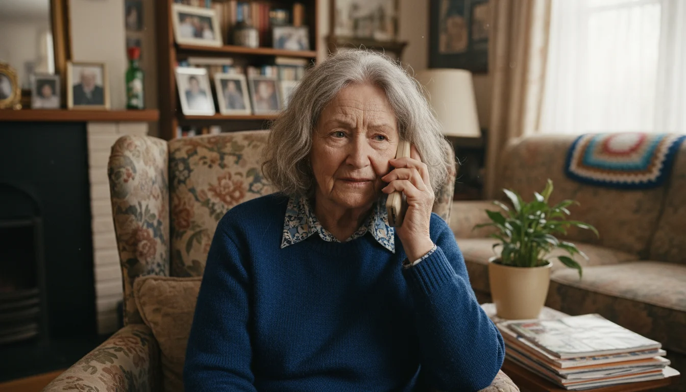 Older woman, late 70s, holds a cordless phone to her ear, a subtly suspicious look on her face in her comfortable living room.