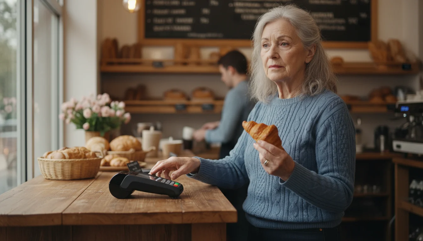 An older woman, late 70s, holds a small pastry in one hand and a debit card near a payment reader in a warm-lit bakery, her expression thoughtful.