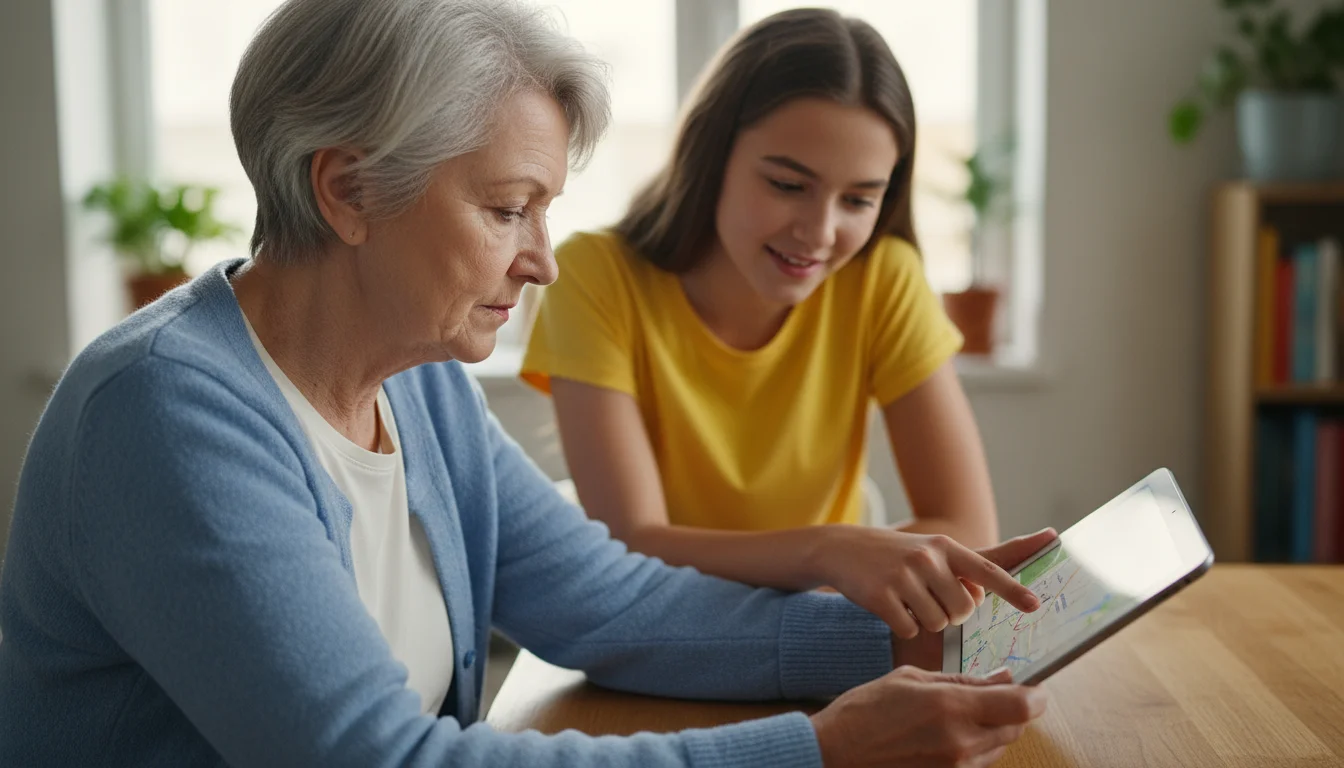 An older woman, late 70s, holds a tablet, focused intently. Her teenage granddaughter patiently points to the screen in a warm living room.