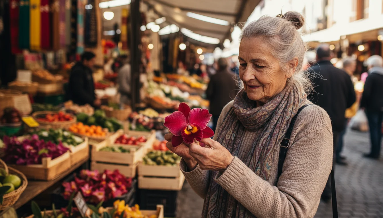 An older woman, late 70s, carefully inspects a large, vibrantly crimson orchid at an outdoor market stall, her brow subtly furrowed.