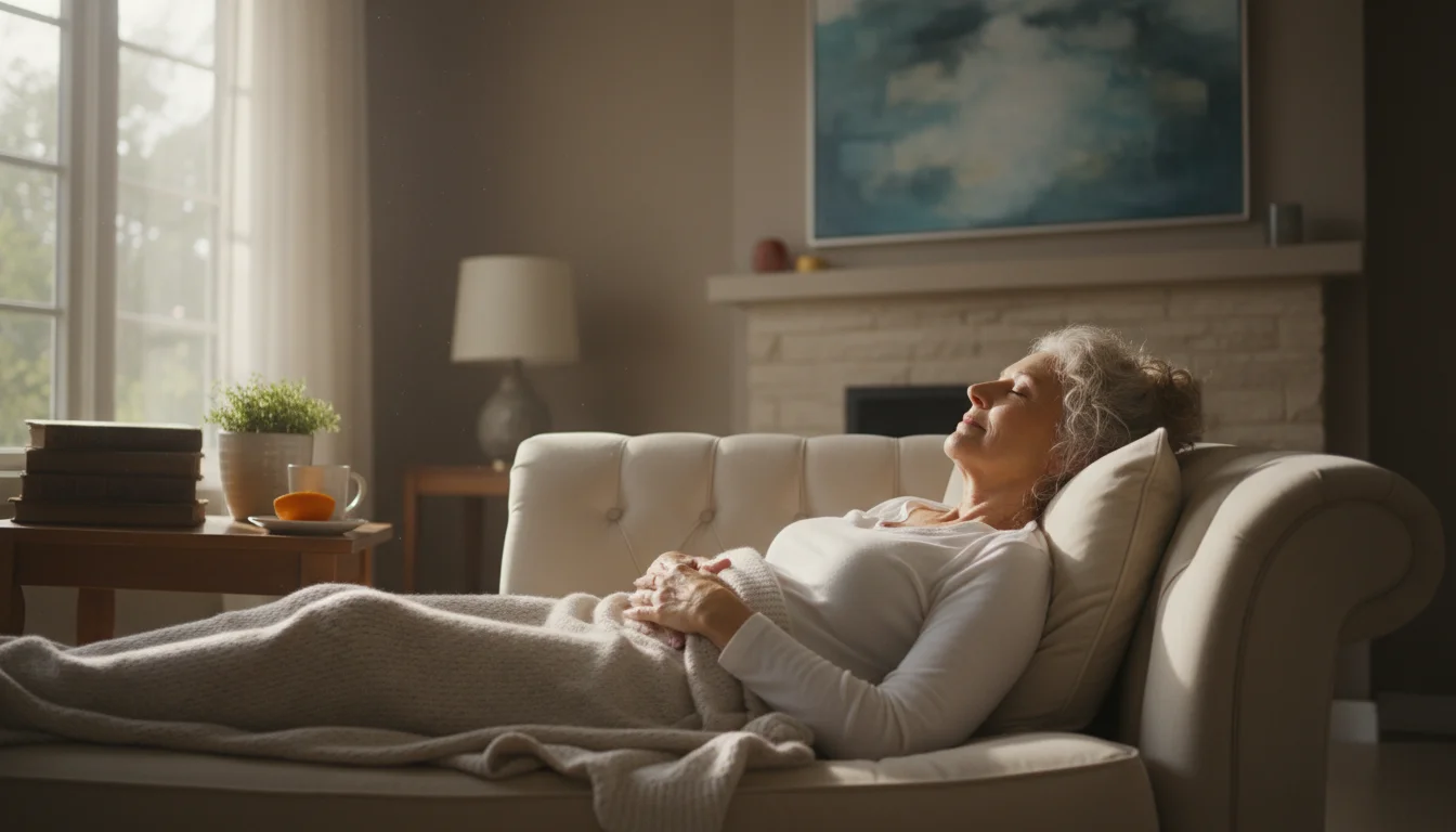 An older woman, late 60s, lies peacefully on a sofa with eyes closed, one hand on her belly, practicing deep breathing.
