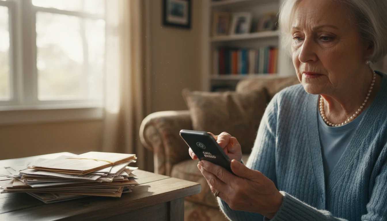 An older woman, late 70s, pressing the 'end call' button on her smartphone with a concerned but resolute look. A stack of mail is on a nearby table.
