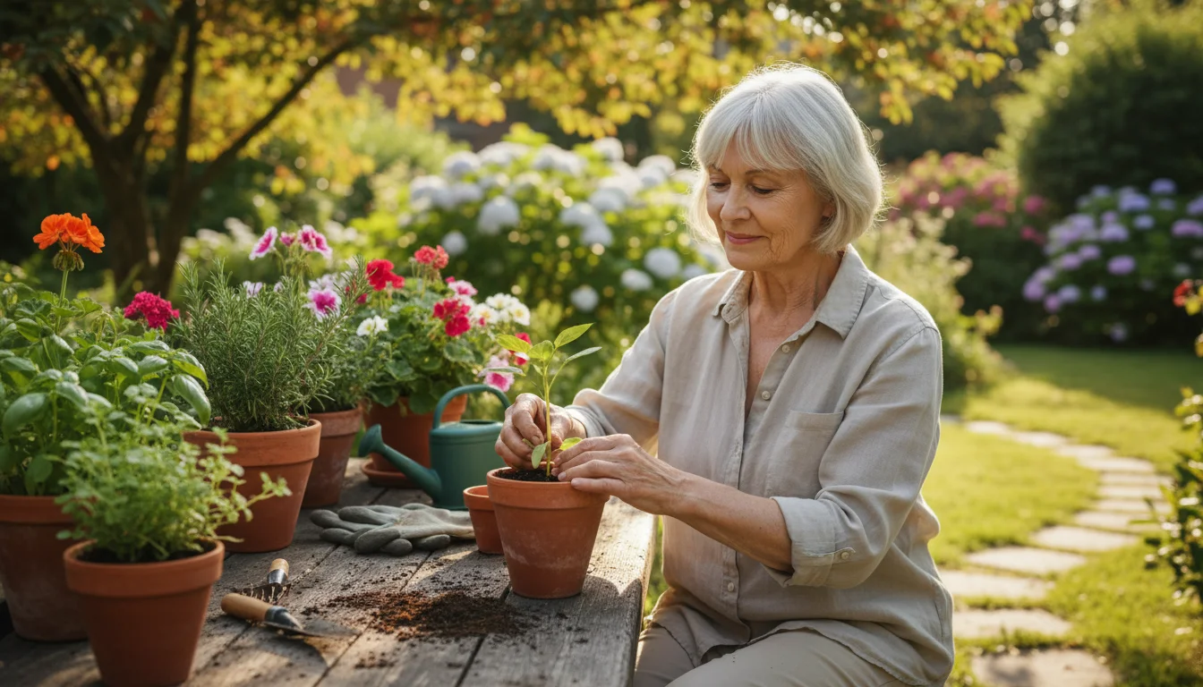 Older woman, late 60s, replanting a green seedling into a pot on a garden bench, surrounded by plants.
