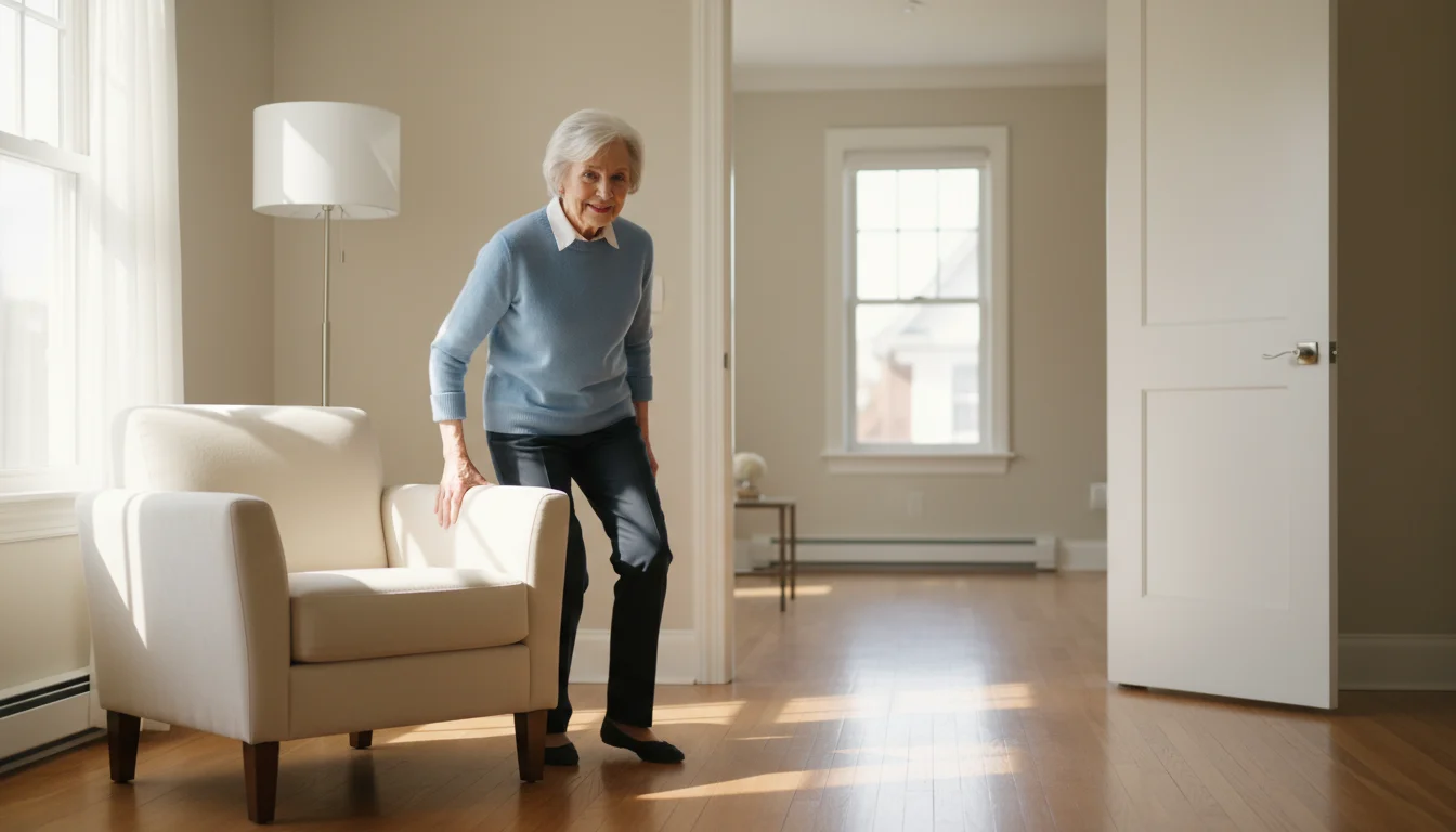 An older woman, late 70s, rises from a supportive armchair in a bright living room with clear floors and a lever-handle doorway.