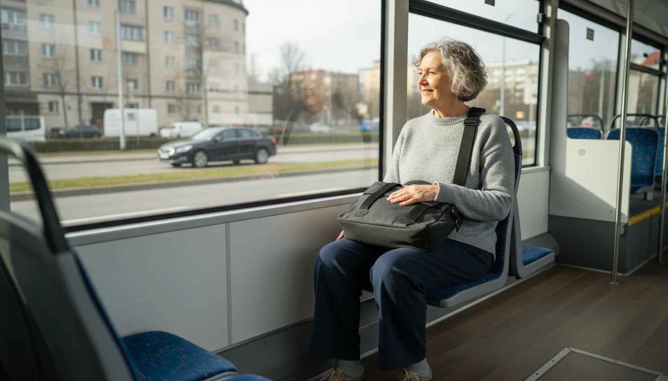 Older woman, late 60s, seated inside a quiet city bus, looking out the window, with her hand on a cross-body bag.