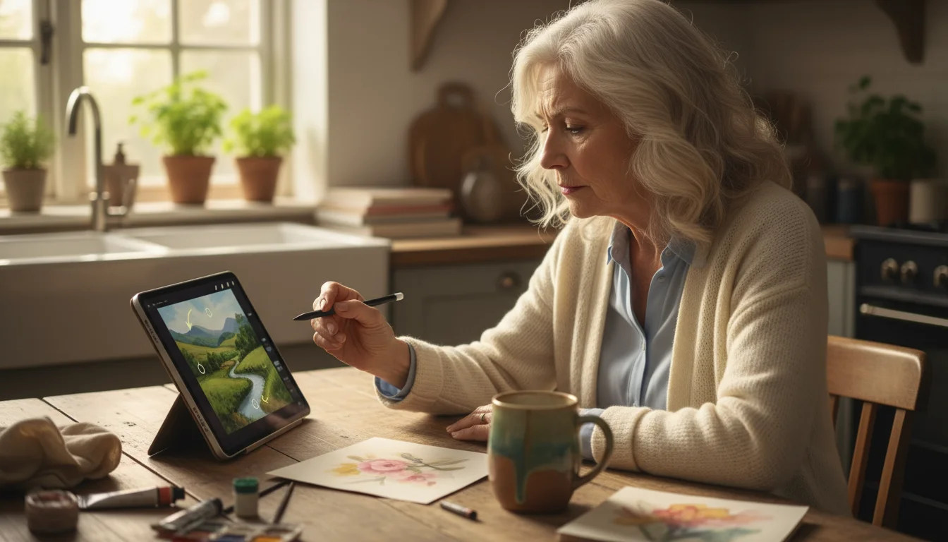 Older woman, late 70s, with silver hair, learning digital art on a tablet at a sunlit kitchen table, holding a stylus.