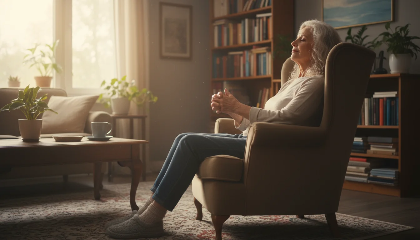 Older woman, late 70s, with silver hair, sits in an armchair with eyes closed, hands in lap, feet flat on floor, in a calm living room.