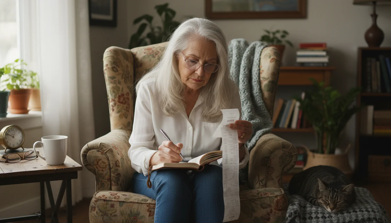 Older woman, late 70s, silver hair, sits in an armchair, focused on a grocery receipt while writing in a small notebook.