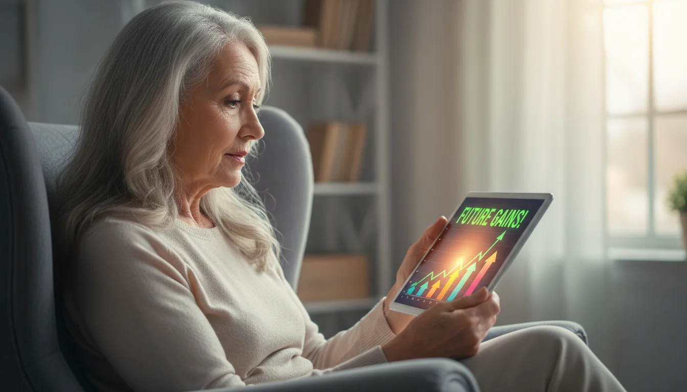An older woman, late 70s, with silver hair, sits in a bright armchair, intently focused on a tablet screen that illuminates her thoughtful face.