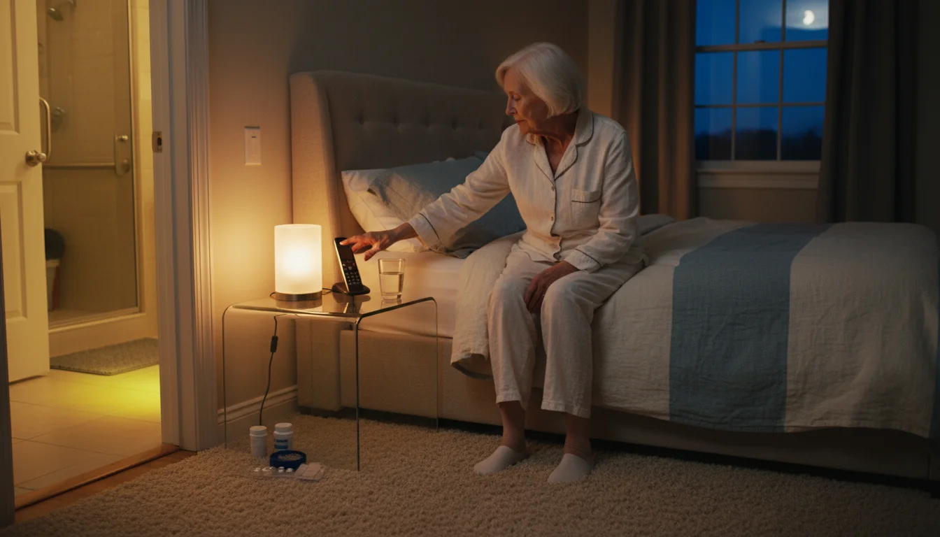 Older woman, late 70s, sits in bed, reaching for a cordless phone on a nightstand with a lit lamp.