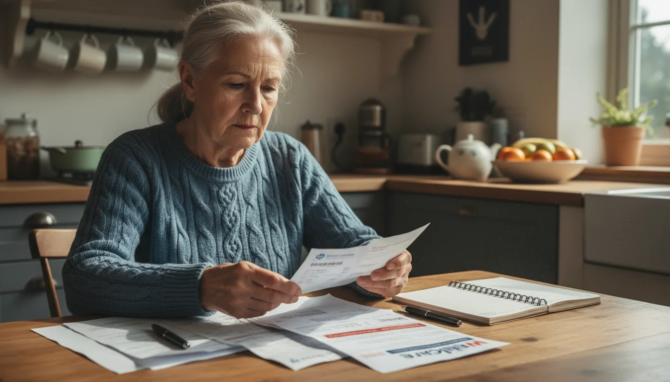 An older woman, late 60s, sits at a kitchen table, carefully sorting medical receipts and a Medicare statement next to an open notebook.